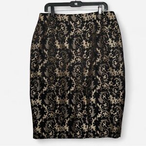 Worthington Black Gold Jacquard Sz 14 Pencil Skirt KneeLength Career Formal Glam